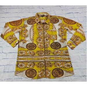 Penelope Project Button Down Shirt WOMEN L Yellow Baroque Chain Luxury Print Top
